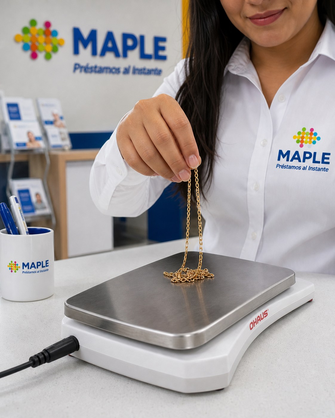 Asesora de Maple pesando una cadena de oro