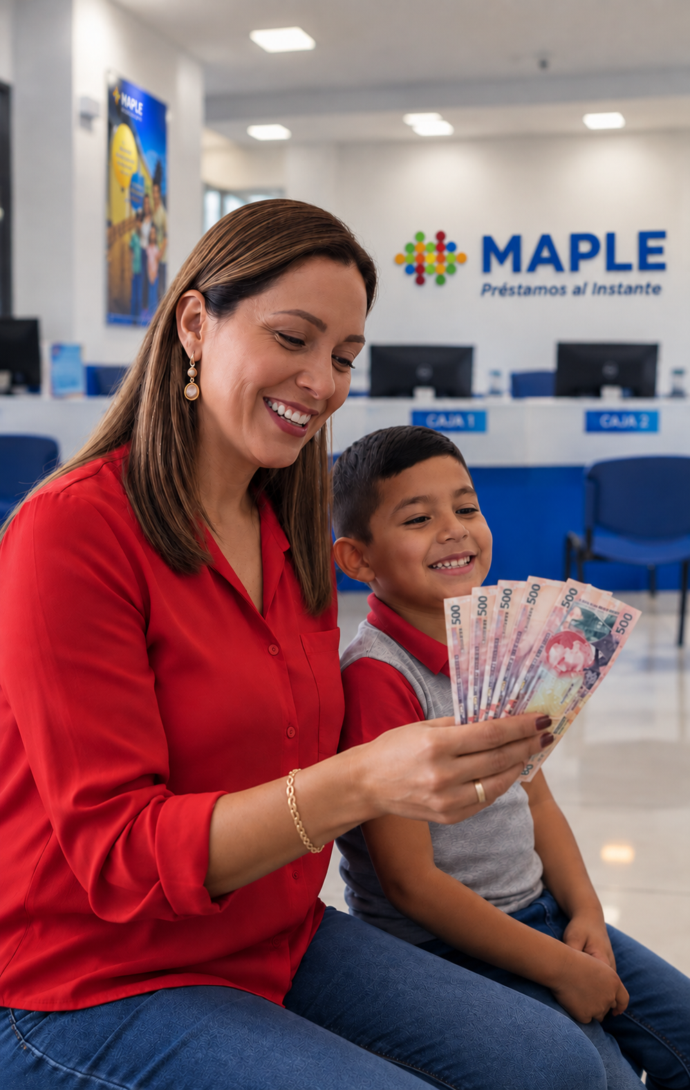 Madre con su hijo recibiendo dinero de su préstamo